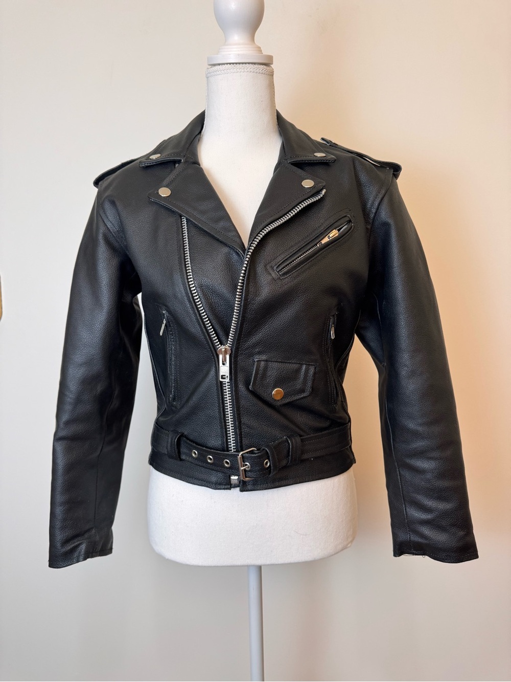 Vintage Genuine Leather Black Moto Biker Jacket Size 34 XS Belted